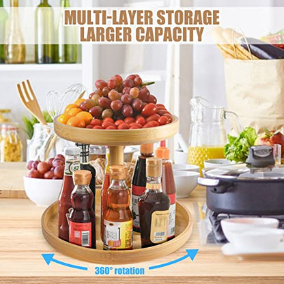  2 Tier Bamboo Lazy Susan Organizer For Kitchen,Turntable For Cabinet,Turntable Organizer For Cabinet Pantry Table Organization
