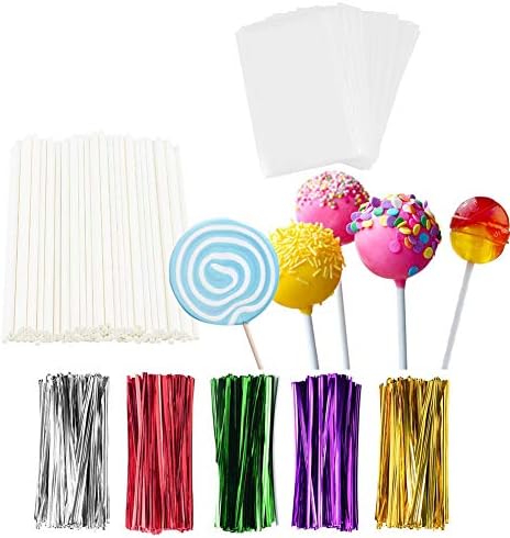  300 Pcs 6inch Lollipop Sticks, Cake Pop Lollipops, Chocolates And Cookies Bag Set Including 100 Parcel Bags, 100 Papery Treat Sticks, 100 Gold Twist Ties