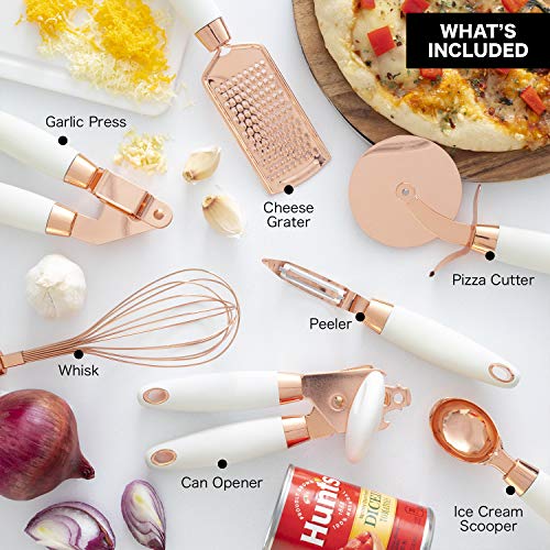  Ith COLOR 7 Pc Kitchen Gadget Set Copper Coated Stainless Steel Utensils With Soft Touch White Handles