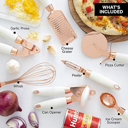 Ith COLOR 7 Pc Kitchen Gadget Set Copper Coated Stainless Steel Utensils With Soft Touch White Handles