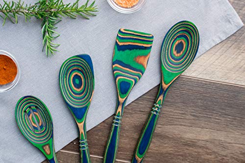  Pakkawood 4-Piece Utensil Set - Elegant Kitchen Spoon, Slotted Spoon, Corner Spoon, And Spatula For Serving & Cooking, Heat Resistant & Non-Stick Utensils