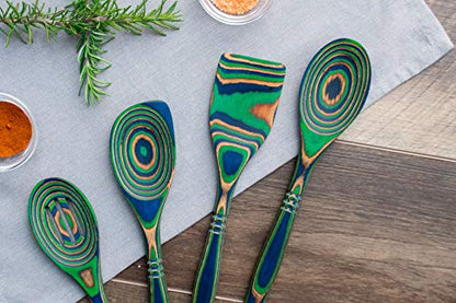  Pakkawood 4-Piece Utensil Set - Elegant Kitchen Spoon, Slotted Spoon, Corner Spoon, And Spatula For Serving & Cooking, Heat Resistant & Non-Stick Utensils