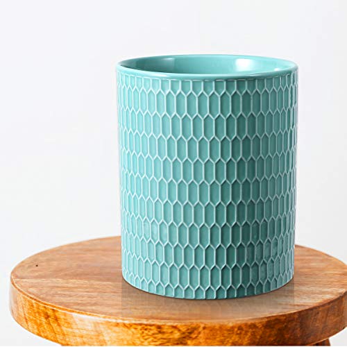  Kitchen Utensil Holder, Ceramic Utensil Crock Large Utensil Holder For Countertop, Relief Design Cooking Utensil Organizer For Kitchen Wedding/Birthday/Housewarming Gift, Turquoise Color
