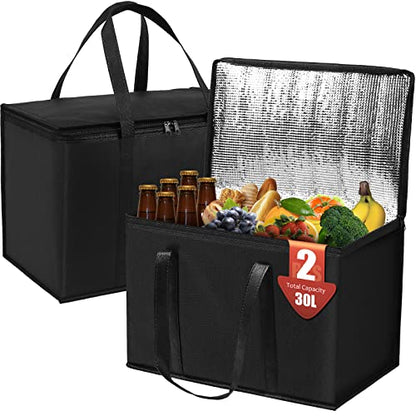  2-Pack Insulated Food Delivery Bag 30L X-Large Insulated Reusable Grocery Bags Insulated Pizza Delivery Bags Warm & Cooler Bags For Food & Grocery Delivery Bag Hold For 1.5H（16W X 11.4H X 9.4D）