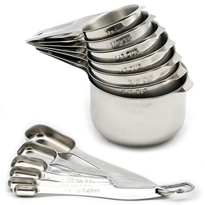  Measuring Cups And Spoons Set By Kitchen Yen - 7 Nesting Cups, 6 Stackable Narrow Spoons - Coffee Scoop - Engraved Measurements For Dry/Liquid Ingredients - Heavy Duty Professional 304 Stainless Steel