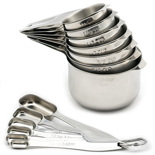  Measuring Cups And Spoons Set By Kitchen Yen - 7 Nesting Cups, 6 Stackable Narrow Spoons - Coffee Scoop - Engraved Measurements For Dry/Liquid Ingredients - Heavy Duty Professional 304 Stainless Steel