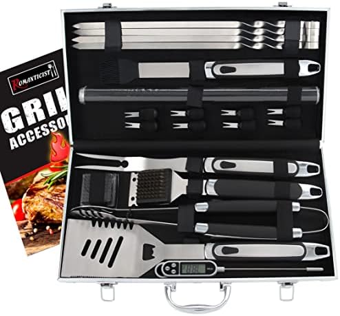  28pc BBQ Accessories Set With Thermometer - The Very Best Grill Gift On Birthday Wedding - Heavy Duty Stainless Steel Grill Set In Case For Outdoor Cooking Camping Grilling Smoking