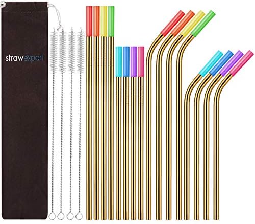  Set Of 16 Reusable Stainless Steel Straws With Travel Case Cleaning Brush Silicone Tips Eco Friendly Extra Long Metal Straws Drinking For 20 24 30 Oz Tumbler