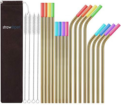  Set Of 16 Reusable Stainless Steel Straws With Travel Case Cleaning Brush Silicone Tips Eco Friendly Extra Long Metal Straws Drinking For 20 24 30 Oz Tumbler