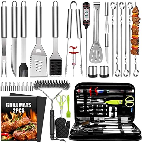  34Pcs Grill Accessories Grilling Gifts For Men, 16 Inches Heavy Duty BBQ Accessories, Stainless Steel Grill Tools With Thermometer, Grill Mats For Backyard, BBQ Gifts Set For Men Women