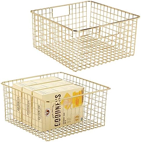  MDesign Farmhouse Decor Metal Wire Food Organizer Storage Bin Baskets With Handles For Kitchen Cabinets, Pantry, Bathroom, Laundry Room, Closets, Garage - 2 Pack - Bronze