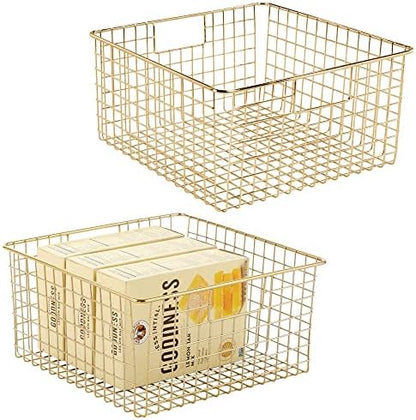  MDesign Farmhouse Decor Metal Wire Food Organizer Storage Bin Baskets With Handles For Kitchen Cabinets, Pantry, Bathroom, Laundry Room, Closets, Garage - 2 Pack - Bronze