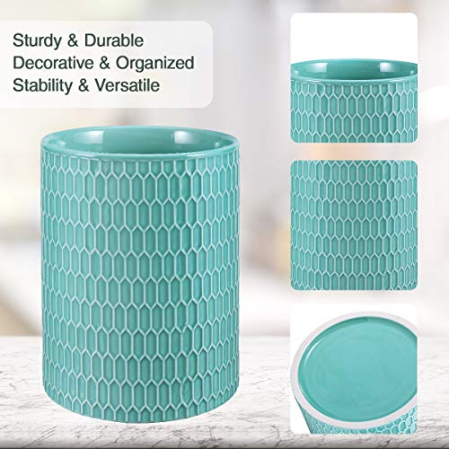  Kitchen Utensil Holder, Ceramic Utensil Crock Large Utensil Holder For Countertop, Relief Design Cooking Utensil Organizer For Kitchen Wedding/Birthday/Housewarming Gift, Turquoise Color