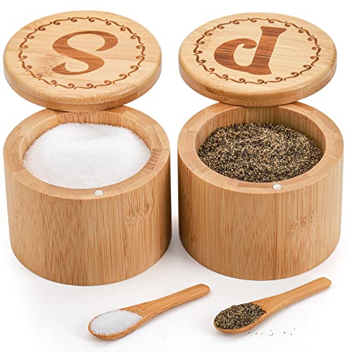  2 Pack Bamboo Salt And Pepper Holder Box With 2 Spoons, Spice Jars Containers, Seasoning Storage Box With Swivel Lid And Magnet Lock - 6 Oz Capacity