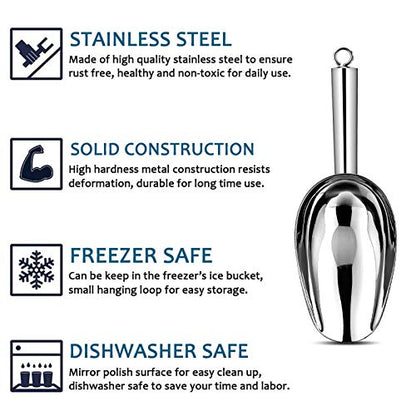  8 Ounce Ice Scoop Set Of 2, E-far Stainless Steel Scoops For Ice Cube/Candy/Flour/Sugar, Metal Utility Scoops For Party, Baking, Kitchen Pantry, Rust Free & Dishwasher Safe
