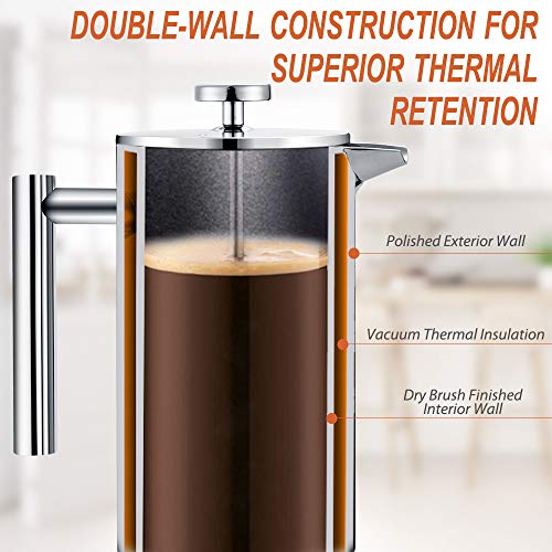  French Press 34oz, Double Insulated 304 Stainless Steel Coffee Press,Stainless Steel French Press With 5 Extra Fliters And 3 Additional Coffee Set(34oz, Sliver)