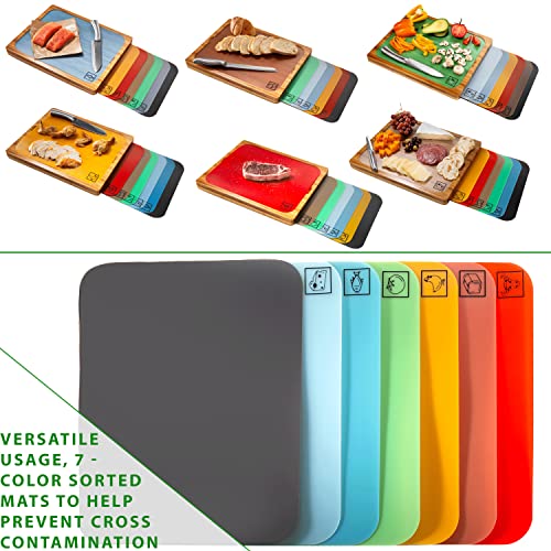  Bamboo Premium Wood Cutting Board Serving Tray W/ 7 Color-Coded BPA-Free Mats, For Chopping Bread, Cheese, Fruits, Vegetables, Meats, Charcuterie (PATENTED), Bamboo (NEW MODEL)