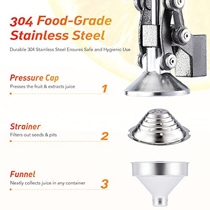  Hand Press Juicer Machine, Manual Orange Juicer And Professional Citrus Juicer For Orange Juice Pom Lime Lemon Juice, Commercial Lemon Squeezer And Orange Crusher, Easy To Clean, Gray
