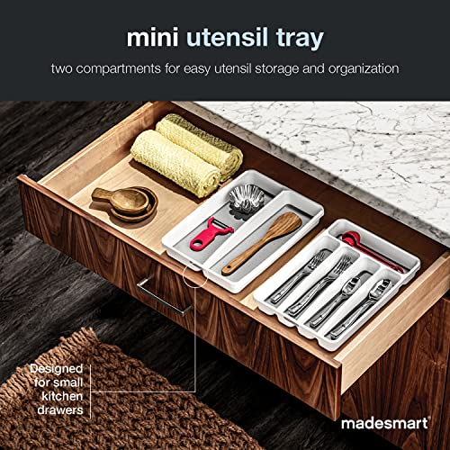  Mini 2-Compartment Plastic Utensil Tray For Drawers, Multipurpose Storage Tray Drawer Organizer, White
