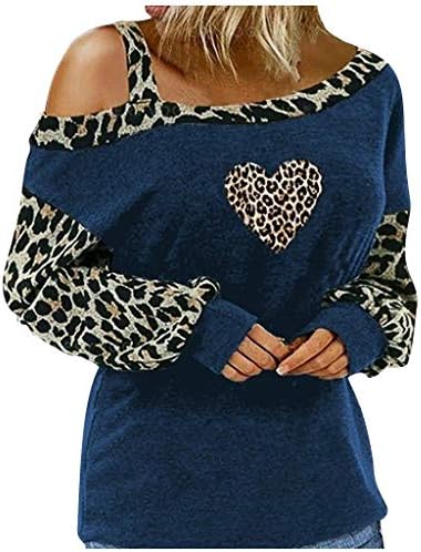  Meikosks Womens Off Shoulder Long Sleeve Tops Leopard Stitching T-Shirt Fashion Printed Blouses