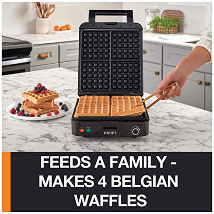 Krups Belgian Waffle Maker, Waffle Maker With Removable Plates, 4 Slices, Silver/Black & Norpro Grip-EZ Grab And Lift Silicone Tongs, Set Of 1, Black