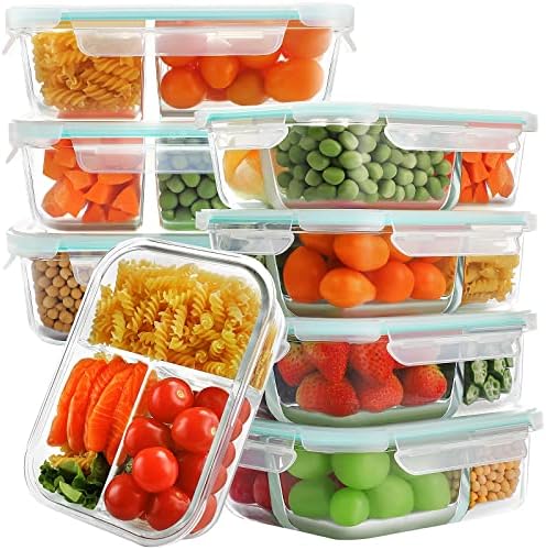  8 Pack Glass Meal Prep Containers 3 Compartment, Glass Food Storage Containers With Lids, Airtight Glass Lunch Bento Boxes, BPA-Free & Leak Proof (8 Lids & 8 Containers) - Grey