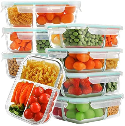  8 Pack Glass Meal Prep Containers 3 Compartment, Glass Food Storage Containers With Lids, Airtight Glass Lunch Bento Boxes, BPA-Free & Leak Proof (8 Lids & 8 Containers) - Grey