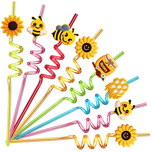  24 Bee Party Favors Bee Sunflower Honey Drinking Straws Goodie Gifts For Kids Birthday Party Supplies With 2 PCS Cleaning Brushes