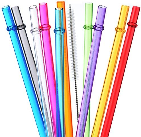  10.5 In Long Rainbow Colored Reusable Tritan Plastic Replacement Straws For 20 OZ 30 OZ Tumblers, Set Of 10 With Cleaning Brush