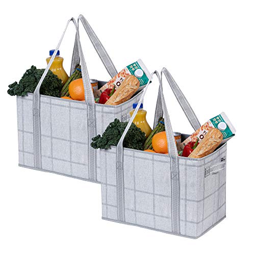  VENO 3 Pack Reusable Grocery Bag, Shopping Cart Bag, Storage Box, Heavy Duty, Hard Bottom, Collapsible, Utility Tote, Trunk Organizer (Black/Windowpane, Set Of 3)