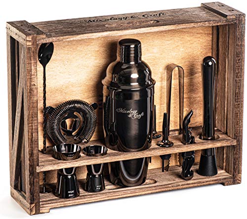  Bartender Kit: 11-Piece Bar Tool Set With Rustic Wood Stand | Perfect Home Bartending Kit And Cocktail Shaker Set For A True Drink Mixing Experience | Fun Housewarming Gift Idea (Gun-Metal)