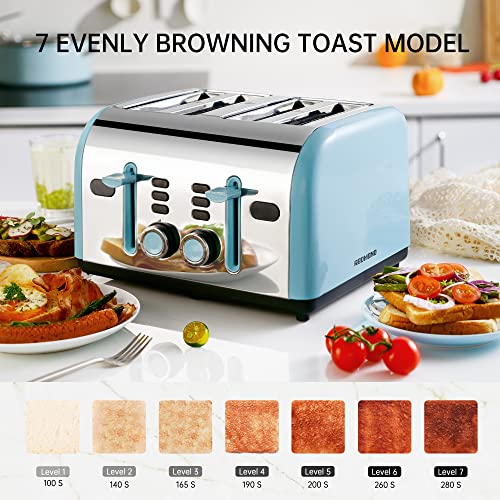  Toaster 4 Slice, REDMOND Retro Stainless Steel Toasters With LED Digital Countdown Timer Display, Dual Independent Control Panel, Reheat Defrost Cancel Function, High Lift Lever, Blue