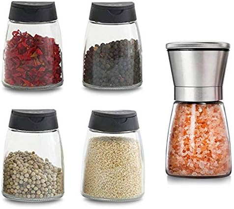  4+1PCS Glass Spice Jars With Shaker Pour Lid, Seasoning Shakers Glass Bottles Spice Shakers Salt & Pepper Shaker Container Set With Gift Grinder Fits In Home,Kitchen,Barbecue (4)