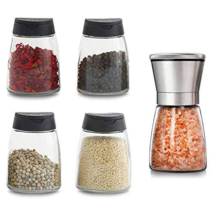  4+1PCS Glass Spice Jars With Shaker Pour Lid, Seasoning Shakers Glass Bottles Spice Shakers Salt & Pepper Shaker Container Set With Gift Grinder Fits In Home,Kitchen,Barbecue (4)