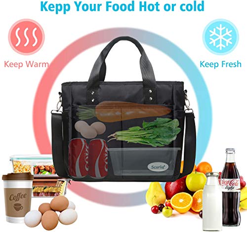  Insulated Lunch Bag, Extra Large Lunch Tote Bag With Removable Shoulder Strap, Durable Reusable Cooler Lunch Box Bag With Side Pockets, Tall Drinks Holder For Women Men Work, Black