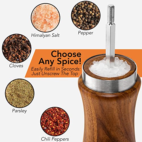  Wooden Salt And Pepper Grinder Set: Refillable Salt & Pepper Mills Adjust For Customized Coarseness, Crafted Of Solid Acacia Wood With Ceramic/Stainless Steel Core, 8 Inches Each