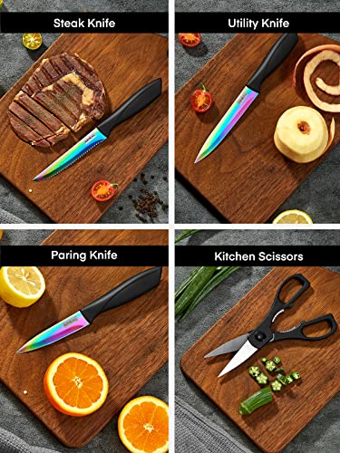  Knife Set, 16 Pieces High Carbon Stainless Steel Rainbow Color Kitchen Knife Set, Titanium Coating Blade, No Rust And Super Sharp Cutlery Knife Set With Acrylic Stand And Kitchen Scissors, Gift