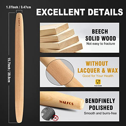  ALFOS French Rolling Pin Dough Roller For Baking Pizza Dough, Pie And Cookie Beech Wood Rolling Pin（15.7 Inch）