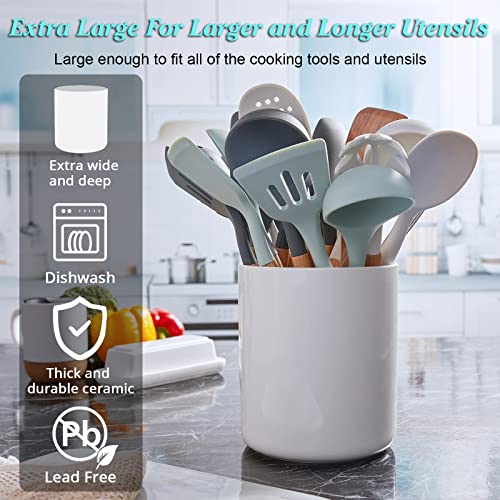  Cream White Kitchen Utensil Holder, 7.2" Extra Large Utensil Holder For Kitchen Counter, Thickenss Cooking Ceramic Utensil Crock For Utensils, Housewarming Wedding Gifts For Kitchen Decor