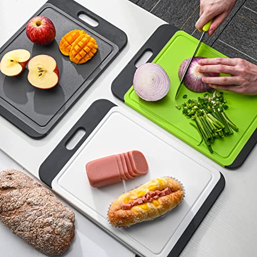  Cutting Board Plastic With Juice Grooves And One-Piece Non-Slip Silicone Handles, 14 X 9.5 X 0.4 Inch Kitchen Chopping Board, Dishwasher Safe BPA Free (Black+Grey)