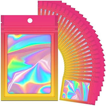  100 Pieces Resealable Mylar Ziplock Bags, Holographic Gradient Bags With Clear Window, Packaging Pouch Party Bags Sample Bags (Green&Pink, 3.5x4.7 Inch)