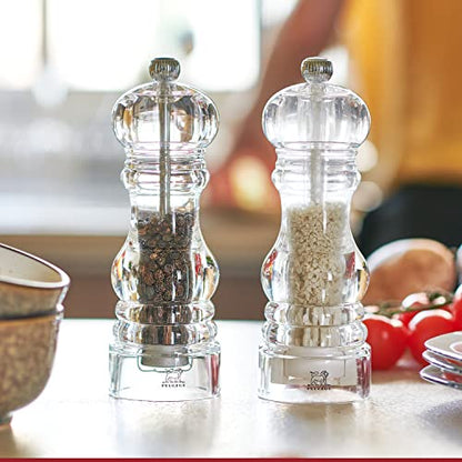 Peugeot - Nancy Manual Pepper Mill And Salt Shaker Set - Transparent Adjustable Grinder And Cellar - Acrylic, Clear, 3.5 Inches