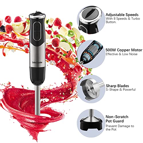  Immersion Hand Blender, 3-in-1 Blender Stick,9-Speed Electric Hand Blender With Egg Whisk, Milk Frother Attachments, 304 Stainless Steel Emulsion Blender With 500W Powerful Motor For Baby Food, Smoothies,Soup,Sauce