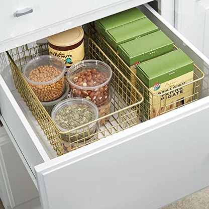  MDesign Metal Wire Food Storage Basket Organizer With Handles For Organizing Kitchen Cabinets, Pantry Shelf, Bathroom, Laundry Room, Closets, Garage - Concerto Collection - 8 Pack - Soft Brass