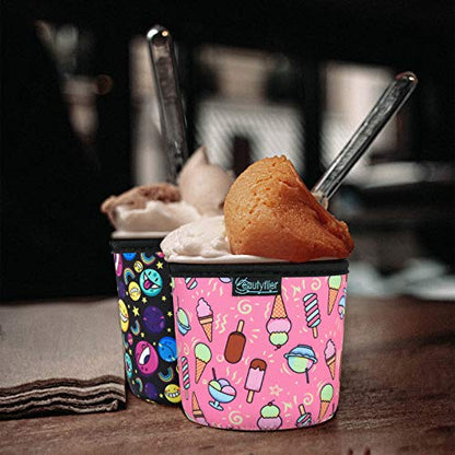  2-Pieces Pint Sized Ice Cream Cozy Thicken Neoprene Ice Cream Sleeves With Elastic Handle Cover (Cartoons)