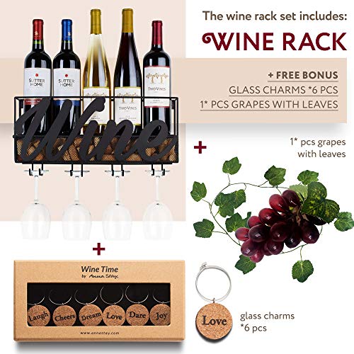  Wall Mounted Wine Rack - Bottle & Glass Holder - Cork Storage - Store Red, White, Champagne - Comes With 6 Cork Wine Charms - Home & Kitchen Décor - Designed By Anna Stay, Wine