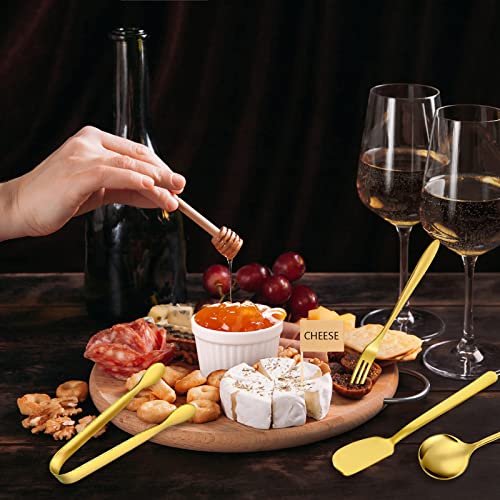  Charcuterie Board Accessories Utensils Cheese Butter Spreader Knives Set Include Serving Tongs, Knives, Spoons, Forks, Toothpick Flags, Honey Dippers, Bowl For Christmas Pastry Making (Gold)