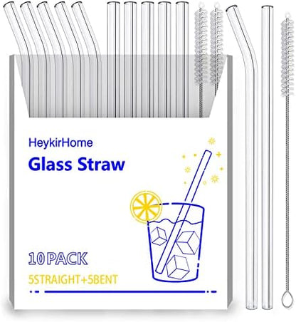  12-Pack Disposable Glass Straw,Size 8.5''x10 MM,Including 6 Straight And 6 Bent With 2 Cleaning Brush- Perfect For Smoothies, Tea, Juice