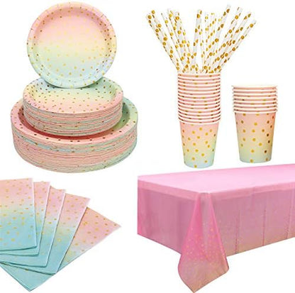  Disposable Paper Party Dinnerware Set For Birthday Baby Shower Wedding Rainbow Party,Serves For 25 (Pink Gold)