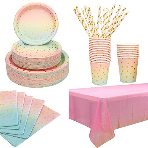  Disposable Paper Party Dinnerware Set For Birthday Baby Shower Wedding Rainbow Party,Serves For 25 (Pink Gold)